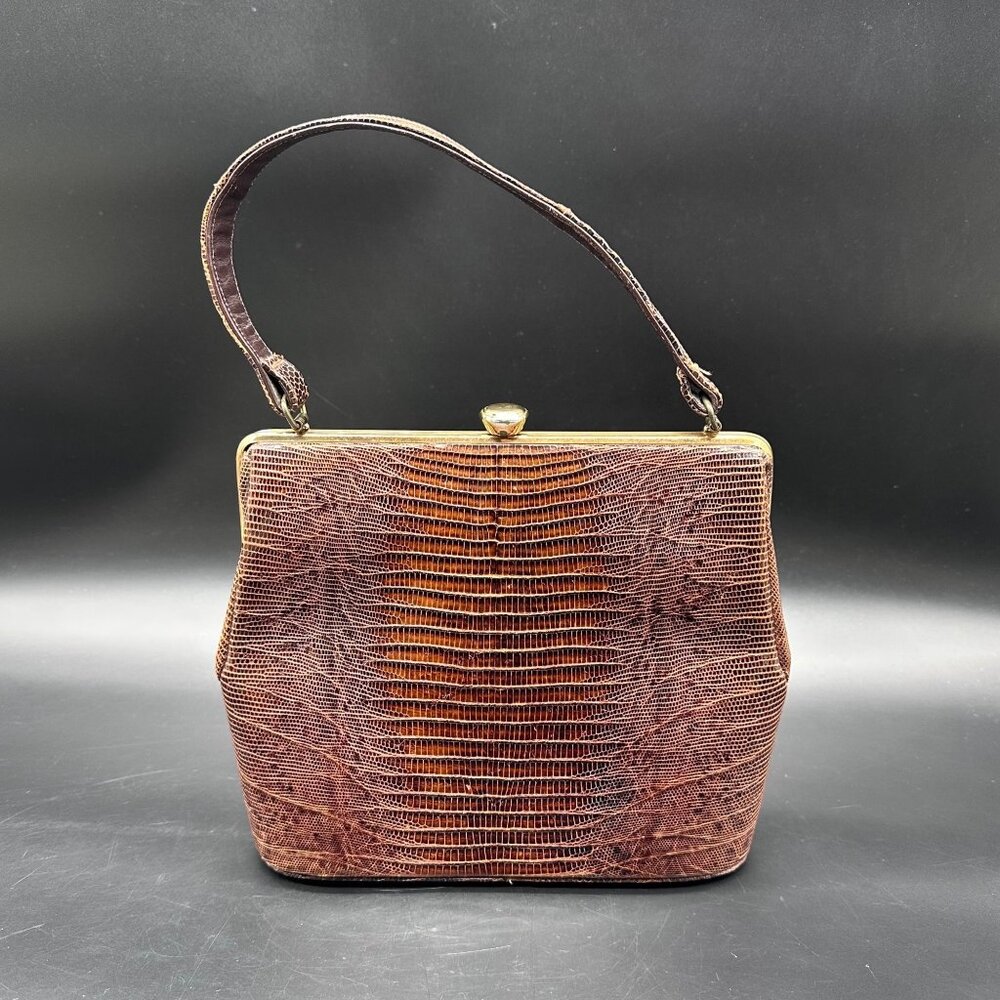 Vintage Purse Lizard Leather Handbag Lesco Mid Century Brown Gold Hardware Retro - Picture 2 of 16